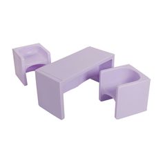 a purple table and two chairs on a white background