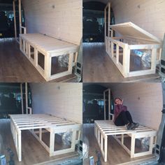 four pictures of a man sitting on a bench made out of pallets and crates