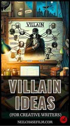 the villain ideas for creative writing are displayed in front of a computer screen with skulls on it