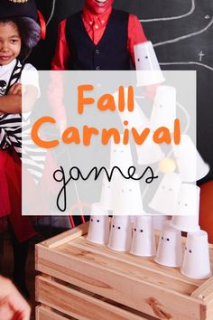 two children dressed up as clowns with text overlay that reads fall carnival games