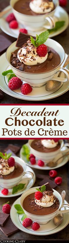 chocolate pots de creme with raspberries on top