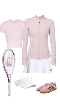 a tennis outfit is shown with shoes, racket and pink shirt on the white background