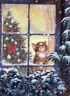 a painting of a cat looking out a window at a christmas tree and snow covered trees