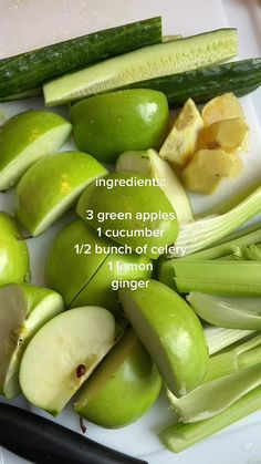 green apples, celery, and ginger on a cutting board with the ingredients labeled