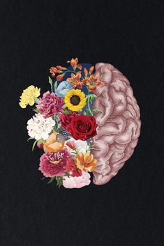 a painting of a brain with flowers on it