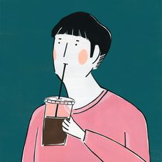 a painting of a person holding a drink in one hand and a straw in the other