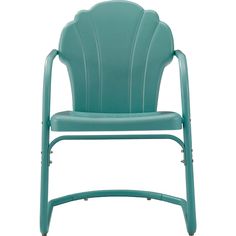 a green plastic chair with metal legs and an armrest, on a white background