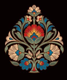 an ornate design with flowers and leaves in red, blue, yellow and green colors