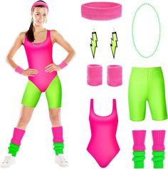 a woman in neon pink and green outfit next to accessories for her body type costume