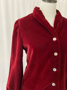 Unique and luxurious deep red handmade velvet blouse. A beautiful blouse to dress up or dress down. Wear this beauty on its own, over another blouse or a tee. It can be a jacket too. The thick velvet blouse is adorned with shell buttons. Condition: Excellent vintage condition. Size: Fits a small-medium. Please review measurements to ensure a proper fit. Mannequin is a women's size 4 for reference. Measurements: Taken when garment was flat and buttoned. Double bust and waist measurements. All sal Red Velvet Blouse, Black Collared Shirt, Handmade Blouse, Lavender Blouse, Velvet Blouse, Versace Couture, Mesh Blouse, Velvet Blouses, Yellow Blouse