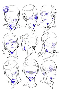 the head and shoulders of an anime character with different facial expressions, including blue eyes