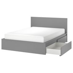 an image of a bed with two drawers in the bottom half and one side open