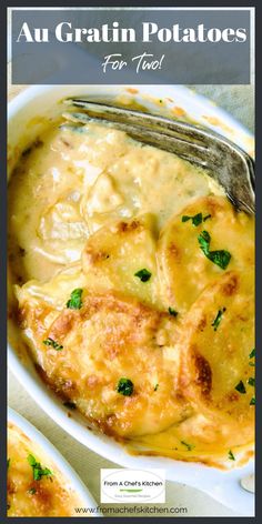 two white bowls filled with food and the words au gratin potatoes