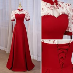 Red Chinese Dress, Chinese Style Dress, Classy Prom Dresses, Chinese Dresses, Bridal Dresses Lace, Fashion Sketches Dresses, Fashion Top Outfits, Modest Dresses Casual, Fancy Dresses Long