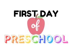 an apple with the words first day of preschool written in rainbow letters on it, against a white background