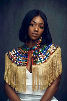 La cape multicolore brodée, perlée, avec des franges ! Fringe Ankara Cape - Adinkra Expo Style Africain, African Inspired Fashion, Long Necklaces, African Print Fashion, African Wear, African Beauty, Mode Inspo