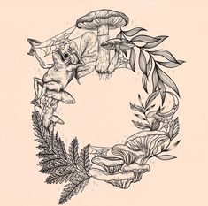 an ink drawing of a wreath with mushrooms and leaves on the bottom, surrounded by foliage