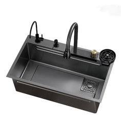 a stainless steel kitchen sink with faucet and soap dispenser