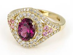 Park Avenue Collection® 1.76ct oval Rhodolite and  .19ctw round pink spinel with .50ctw round white diamond 14k yellow gold ring. Measures approximately 7/8"L x 1/16"W and is sizeable. Heirloom 14k Gold Pink Diamond Ring, Formal Yellow Gold Rings With Black Spinel, Vintage Pink Diamond Ring With Hallmark, Pink 14k Gold Rings With Halo Setting, Pink 14k Gold Halo Ring, Gold Halo Ring, Pink Spinel, Gold Halo, Park Avenue