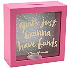 a pink box with gold lettering on the front and bottom that says girls just wanna have founds