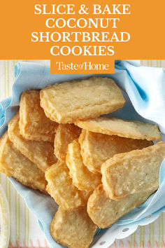 Light and buttery, these delicate shortbread cookies are melt-in-your-mouth good. The coconut flavor makes them extra special. —Roberta Otto, Duluth, Minnesota #shortbreadcookies #coconut #coconutrecipes #cookies #cookierecipes #desserts Taste Of Home Slice And Bake Coconut Shortbread Cookies, Coconut Cookie Bars Recipes, Lilikoi Shortbread Cookies, Coconut Shortbread Cookies Recipe, Coconut Baked Goods, Coconut Baking Recipes, Coconut Biscuits Recipes, Cool Cookie Recipes, Healthy Coconut Cookies