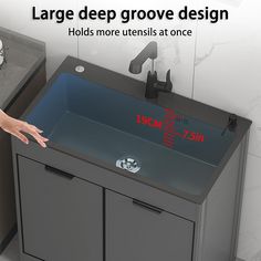 a bathroom sink with the words large deep groove design holds more utensils at once