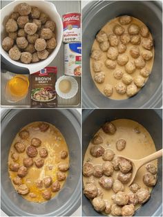 four pictures showing how to make meatballs in the slow cooker