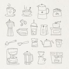 an image of coffee related items drawn in black and white