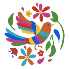 a colorful bird sitting on top of a flower filled circle with leaves and flowers around it