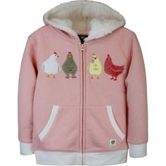 This fleece zip hood with chickens all in a row is for the chicken lover. The chunky zipper is easy to zip. The hood has a marshmallow jersey liner. Rib cuffs and waistband with an authentic woven label makes this one easy to zip and very comfortable. 70% Cotton 30% Polyester Fleece Set-in sleeves with front pockets Sizes 2T 3T 4T Rib cuffs and waistband Chicken Clothes, Chunky Zipper, Girl Toddler, Girls Fleece, Tractor Supply, Woven Label, Hoodie Girl, Sherpa Lined, Powder Pink