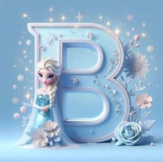 the letter b is made up of frozen princesses, flowers and sparkles on a blue background