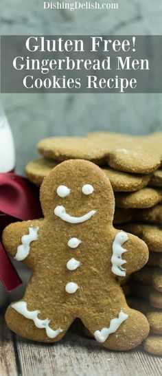 gluten free gingerbread men cookies recipe on a wooden table with red ribbon