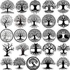 a large collection of tree silhouettes in various shapes and sizes, each with different leaves