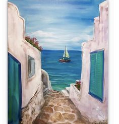 a painting of an alley leading to the ocean with a sailboat in the distance