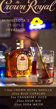 an advertisement for crown royal's purple invision with bottles and glasses on the table