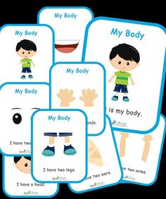 four cards with pictures of children's body and their words in blue on them