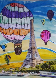 a painting of the eiffel tower with hot air balloons