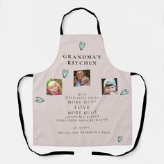 an apron with three photos on it and the words grandma's kitchen written in blue