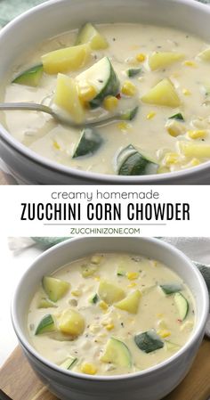 two bowls of creamy homemade zucchini corn chowder