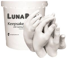 a white plastic bucket with two hands on it and the words lunap keepsake life casting