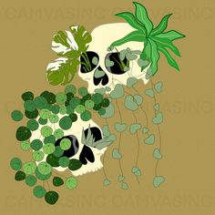 two skulls with plants growing out of them on a brown background, one skull has green leaves and the other is white