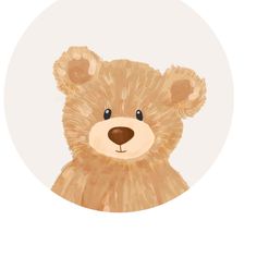 a brown teddy bear sitting in front of a white circle