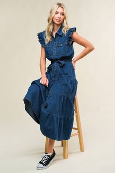 A washed denim midi dress featuring shirt collar, snap button down, ruffled sleeve, front pockets, elasticized waist, self sash tie and tiered skirt Details: Self : 80% Cotton 20% Polyester Size & Fit - Model is 5`7" And Wearing Size Small- Measurements Taken From Size Small- Approx. Length: 50" Peasant Dresses, Curvy Maxi Dress, Relaxed Fit Washed Denim Button-up Dress, Medium Wash Cotton Denim V-neck Dress, Indigo V-neck Denim Dress, Indigo Button-up Cotton Denim Dress, Skirt Details, Medium Wash Cotton Button-up Denim Dress, What To Wear Fall