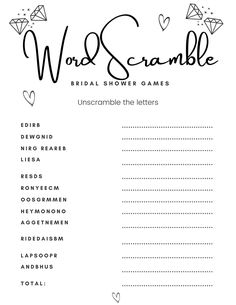 the word scramble game is shown in black and white, with hearts on it's side