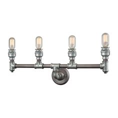 three light bathroom fixture with metal pipes and glass bulbs