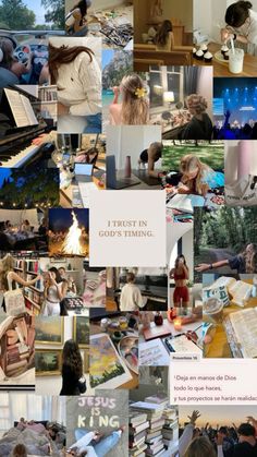 a collage of photos with people sitting at tables and writing on them, including books