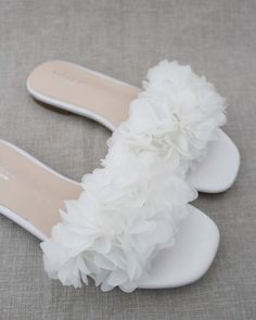 Elegant slide flat sandals for casual and dressy look with added allover chiffon flowers. Simple and easy wear for brides, bridesmaids and/ or wedding parties.DETAILS:UPPER: Synthetic upper and liningMATERIALS: Mandmade outsole Everyday Flats, Trendy Outfits Indian, Elegant Flats, Elegant High Heels, Indian Dresses Traditional, Chiffon Flowers, Wedding Sandals, Comfortable Heels, Girly Shoes