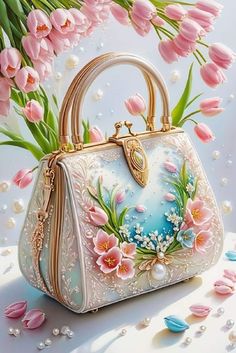 a painting of a handbag with flowers on the front and side, surrounded by pearls