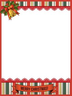 a christmas card with a bell and holly wreath on it's border, surrounded by red ribbon