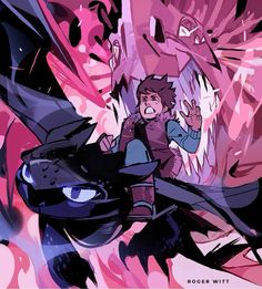 a cartoon character riding on the back of a black dragon in front of a pink background